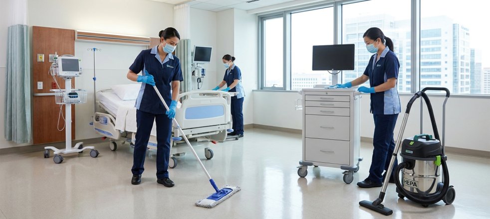 Hospital cleaning staff disinfecting a patient room with medical equipment and HEPA vacuum