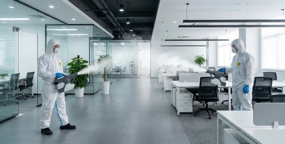 Two workers in protective suits disinfecting a modern office with fogging sprayers
